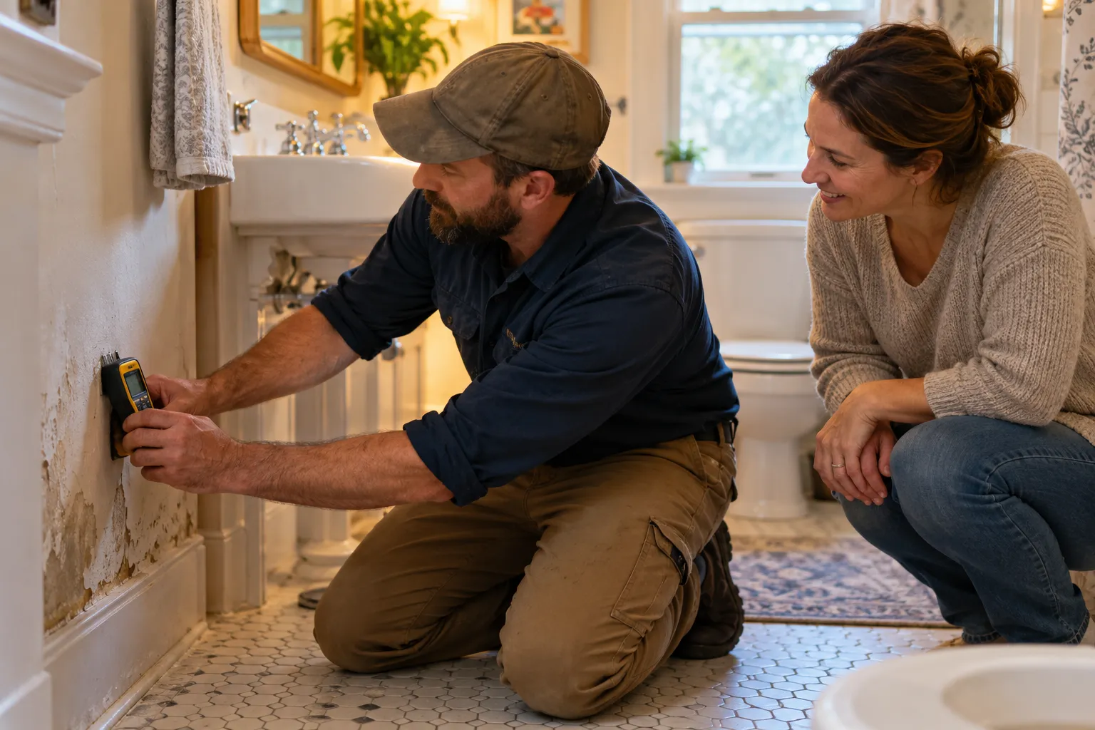 A provider checking an older home for early signs of mold near Wilmington