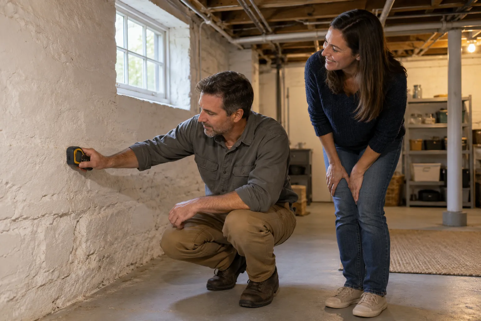 Friendly mold inspector checking a basement wall with a moisture meter in a Wilmington home